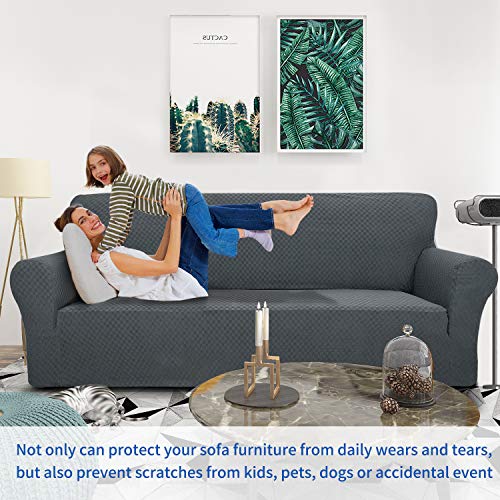 1 Piece Jacquard Couch Covers for 3 Cushion Couch Living Room High Stretch Sofa Cover Pets Dogs Friendly Anti Slip Thickened Slipcovers Furniture Protector (Large (71"-90") / Dark Grey)