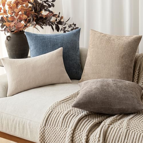 Solid Textured Chenille Throw Pillow Covers 22x22 Inch (22" x 22" (Pack of 2) / Blue Fusion)