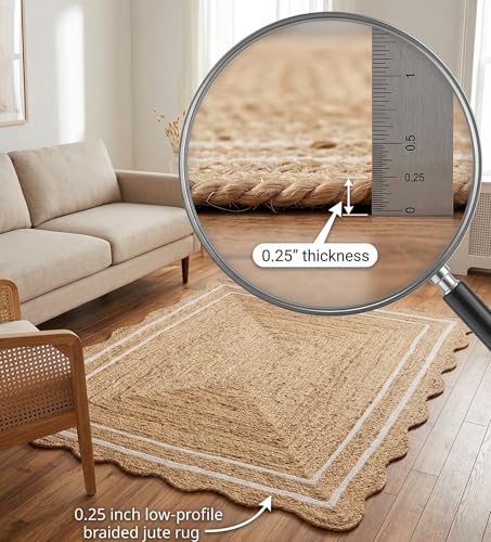 Scalloped Natural Jute Rug Easy Clean Durable Handwoven Rug for Living Room (Off-white / 5x7 Feet)