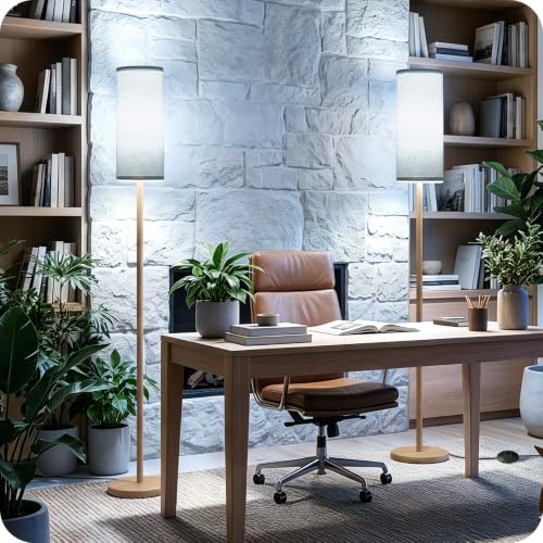 Wooden Textured Tall Slim Floor Lamp for Living Room with Remote and Foot Switch (Off-white and Wooden Textured)