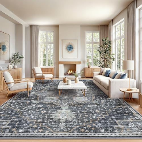Amada Large 10x14 Washable Area Rug for Living Room (10' x 14' (Rectangular) / Gray/Gold)