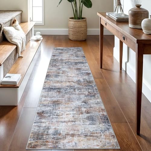 Abstract Runner Rug 2x8 Ft Washable Runners for Hallways (Orange/Brown/Grey / 2' x 8' (Rectangular))