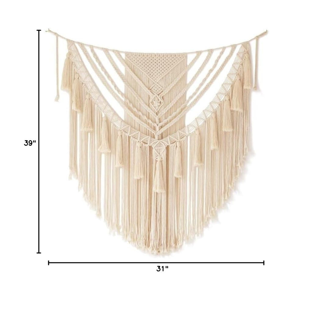 Macrame Wall Hanging Small Yarn Wall Art Ivory Boho Decor 31"Wx39"L (Ivory1)