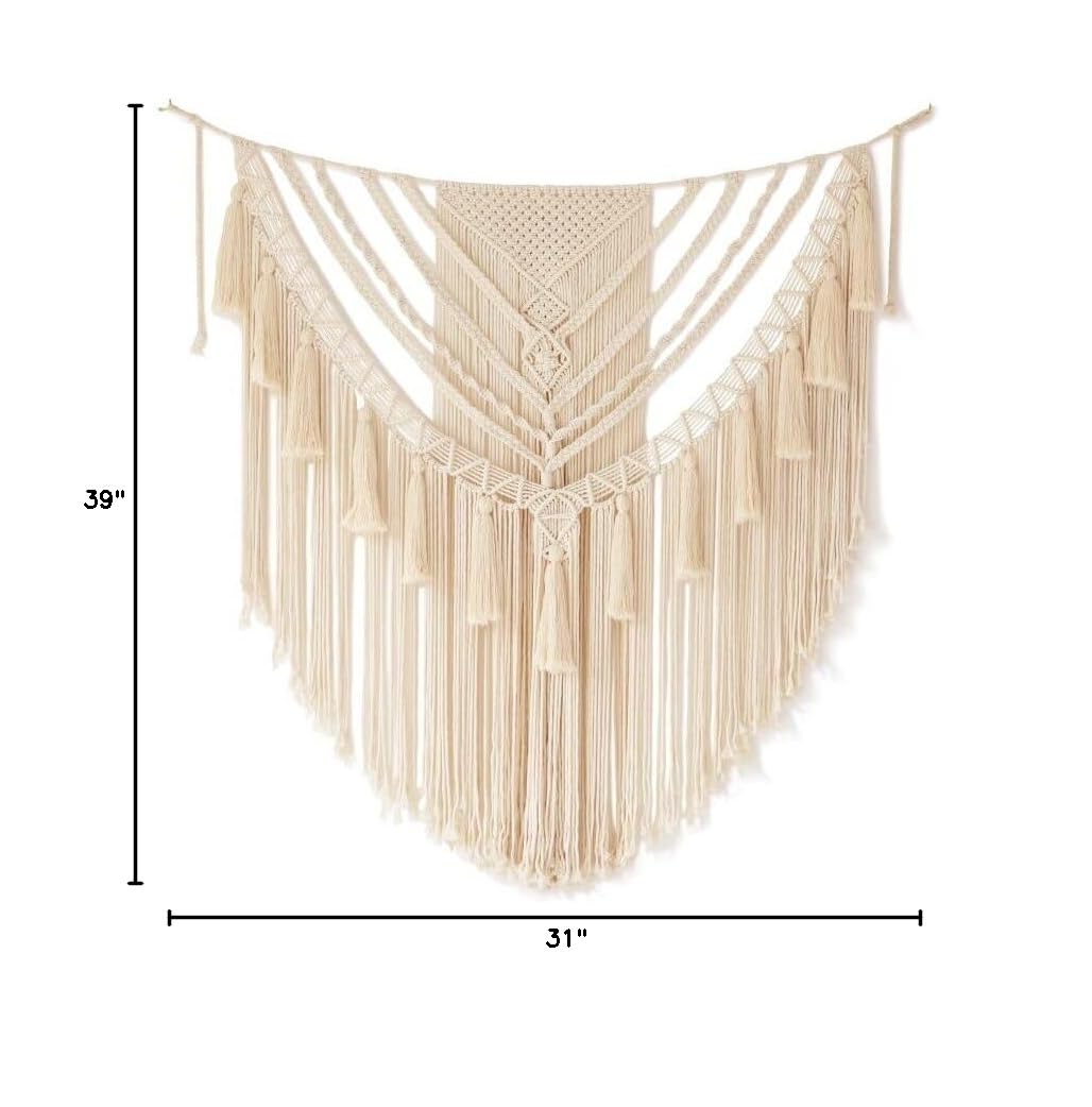 Macrame Wall Hanging Small Yarn Wall Art Ivory Boho Decor 31"Wx39"L (Ivory1)