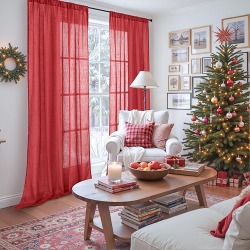 96 Inches Long Linen Curtains for Living Room (Red / 52"W x 96"L (Pack of 2))