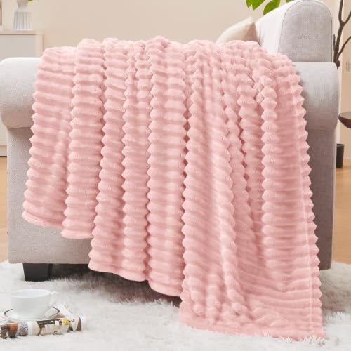 3D Ribbed Light Pink Fleece Twin Blanket for Couch (Pink Morn / Twin(60"x80"))