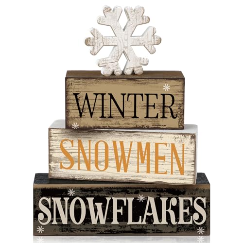4 Pcs Wooden Block Signs Winter Tiered Tray Decor Farmhouse (Snow)