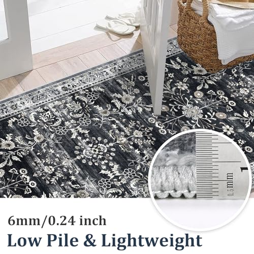 2x10 Washable Hallway Runner Rug Non Slip Floral Carpet (Navy/Black / 2' x 10')