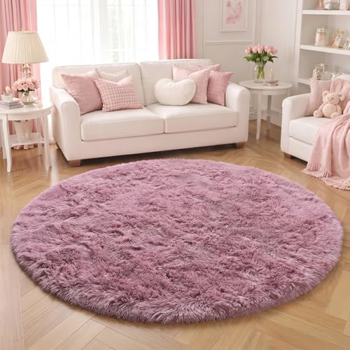 Mauve Pink Round Plush Rug 5Ft for Girls Bedroom Nursery Playroom (Mauve Pink / 5' (Round))