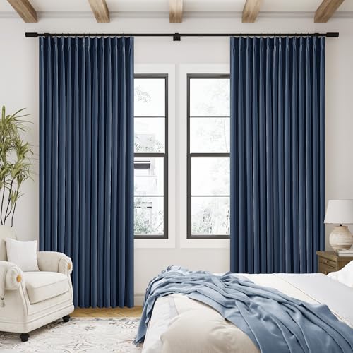 Dark Blue Pinch Pleated 100% Blackout Linen Bedroom Curtains 96 Inch Length (Navy / 40"W x 96"L (Pack of 2))