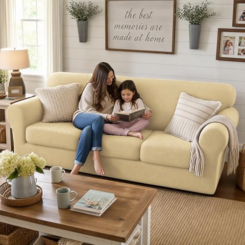 4 Piece Stretch Sofa Cover (71"-91"(3 Cushions) / Beige)