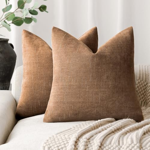 Solid Textured Chenille Throw Pillow Covers 20x20 Inch (20" x 20" (Pack of 2) / Bronze)