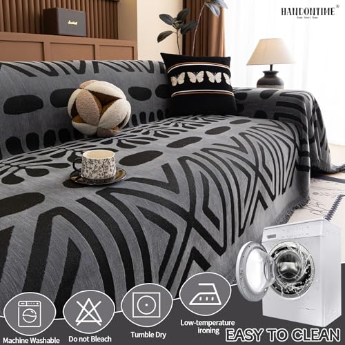 Boho Couch Cover Blanket Geometric Striped Pet Covers for Couches and Sofas Dark Grey and Black Dog Cover for Couch Pet Friendly Chenille Sectional Sofa Covers for Pets Washable (71" x 118" / Stripe: Dark Grey and Black)
