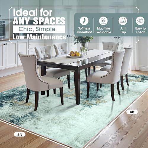 5x8 Area Rugs for Living Room Washable Bedroom Dining Room Teal Grey Gold (Teal Grey/Gold / 5' x 8' (Rectangular))