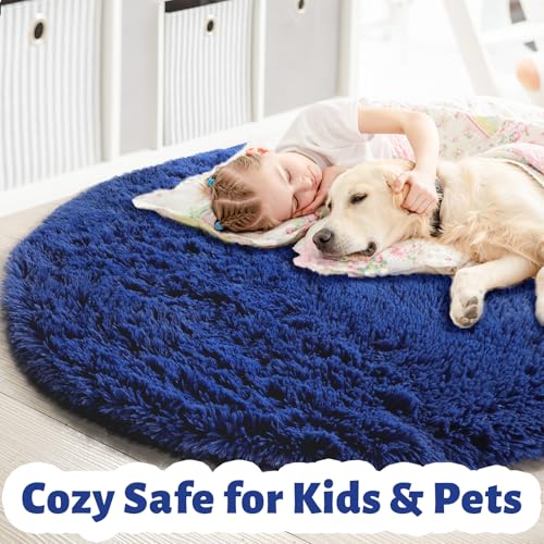 Navy Blue Round Circle Area Rug 5Ft for Boys Bedroom Living Room (Navy Blue / 5' (Round))