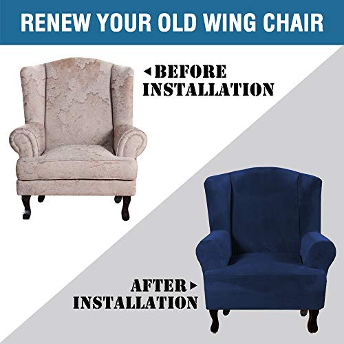 Wingback Chair Covers Velvet Plush Wing Chair Slipcover 1 Piece High Stretch Wing Back Chair Slipcovers Sofa Cover Furniture Cover with Elastic Bottom (Navy / Wing Chair)