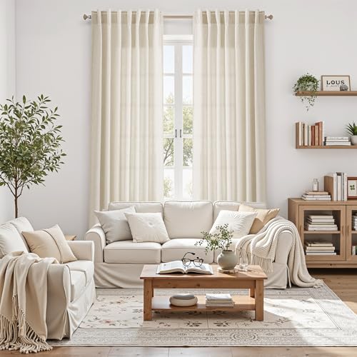 Birch Beige Linen Curtains for Living Room 98 Inches Long Light Filtering Semi Sheer Curtain Back Tab Modern Farmhouse Decor Elegant Luxury Coastal Drapes for Bedroom Dinner Room 52x98 (52"W x 98"L (Pack of 2) / Birch Beige)