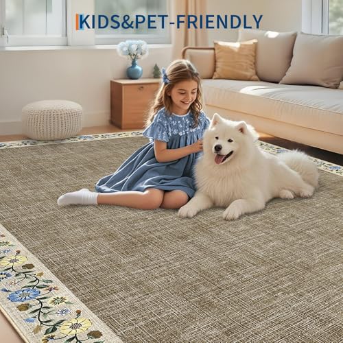 10x13 Machine Washable Rugs for Living Room Large Area Rug Modern Floral Indoor Accent Carpet Low Pile Carpet Soft Throw Aesthetic Floor Cover for Bedroom Laundry Dining Room (Taupe/Flax / 10' x 13' (Rectangular))