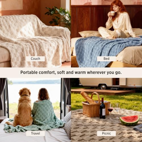 Checkered Soft Cozy King Size Blankets for Bed (07 Cream / King (108" X 90"))