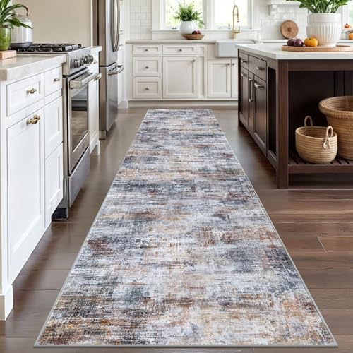 Abstract Runner Rug 3x12 Ft Washable Runners for Hallways (Orange/Brown/Grey / 3' x 12' (Rectangular))