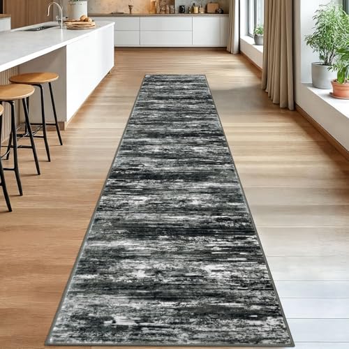 Modern Abstract Washable Rug Runner 2.6x14 Hallway Rug Runner Non (Black White Grey Green / 2'8" x 14' (Runner))
