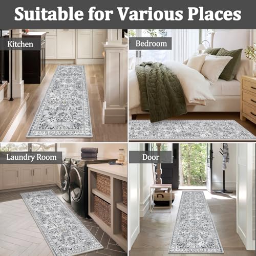 2x8 Washable Hallway Runner Rug Non Slip Floral Carpet (Grey / 2' x 8')
