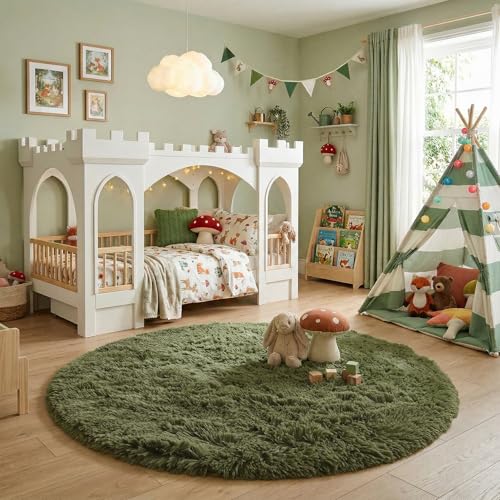 Olive Green Shag Round Area Rug 5Ft for Bedroom Nursery Classroom (Olive Green / 5' (Round))