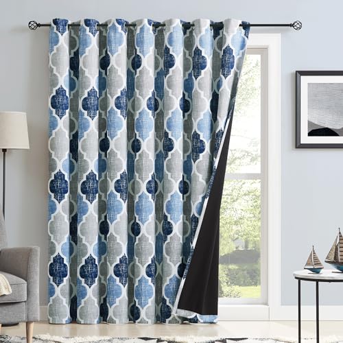 Moroccan 100% Blackout Sliding Door Curtains Blue Grey 100x96 1 Set (Grommet | Blue and Grey / 100"W x 96"L (Pack of 1))