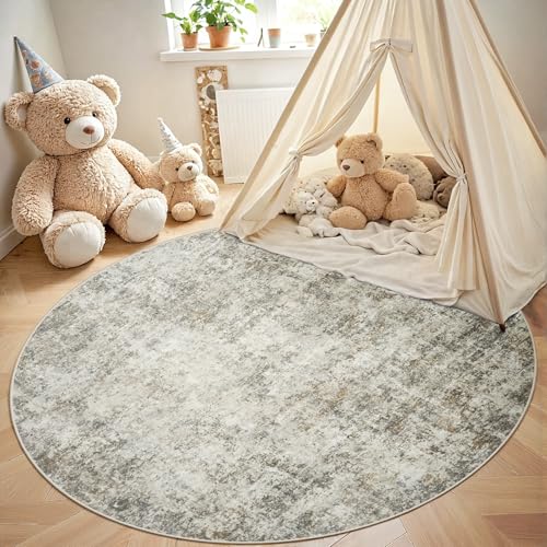 Round Rug 5ft Washable Rug for Dining Room Living Room Beige Brown (Beige/Brown / 5' (Round))