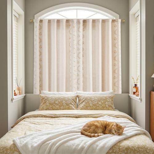 Beige Floral Linen Kitchen Tier Curtains 50x54 Inch 2 Panels (A| Beige / 50"W x 54"L (Pack of 2))