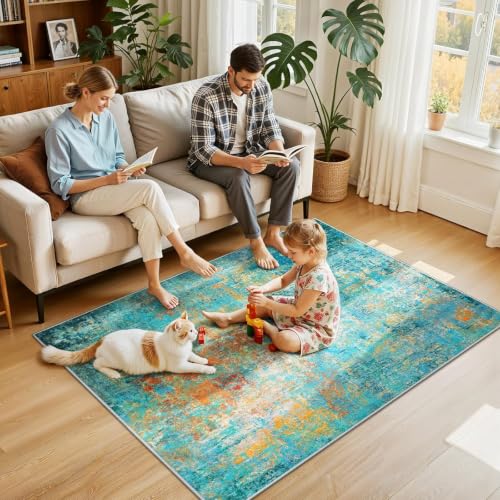 Washable 4'x6' Abstract Area Rug for Living Room Teal Multi (Teal Blue/Green/Orange / 4' x 6' (Rectangular))