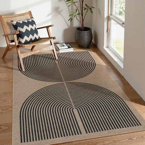 Modern Rainbow Easy Jute Outdoor Rug 4x6 (4' x 6' (Rectangular) / Nature/Black Rainbow)