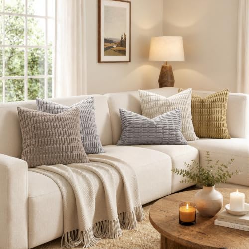 Pack of 2 Corduroy Decorative Throw Pillow Covers 12x12 Inch Soft Boho Striped Pillow Covers Modern Farmhouse Home Decor for Sofa Living Room Couch Bed Light Grey (Light Grey / 12" x 12" (Pack of 2))