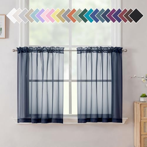 Aiyufneg Small Sheer Tier Curtains Half Kitchen Curtain Sheers (40"W x 24"L (Pack of 2) / Navy Blue)