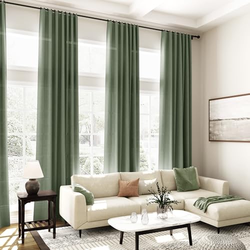 Olive Green Linen Curtains for Living Room 2 Panels Set 92 Inch Length Back Tab Light Filtering Semi Sheer Curtain Drapes for Bedroom 52x92 (52"W x 92"L (Pack of 2) / Loden)