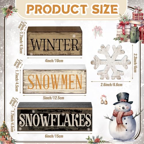 4 Pcs Wooden Block Signs Winter Tiered Tray Decor Farmhouse (Snow)