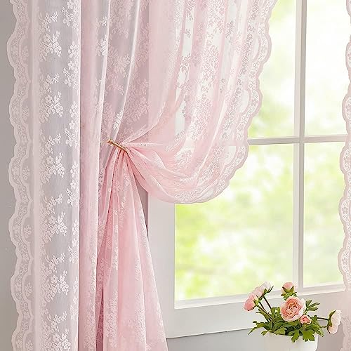 Vintage Lace Curtains 108 inches Long 2 Panels Cute Floral Pink Sheer Curtains for Sliding Door Backdrops Romantic Pricess Baby Girl Room Decor Light Filtering 52 x 108 Inch Light Pink (Light Pink / 52"W x 108"L (Pack of 2))