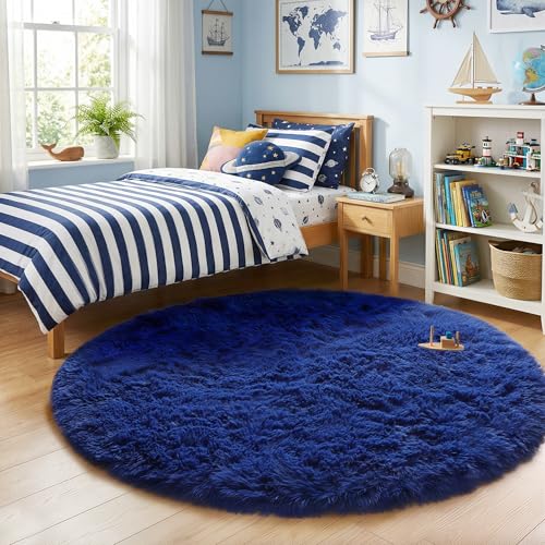 Navy Blue Round Circle Area Rug 5Ft for Boys Bedroom Living Room (Navy Blue / 5' (Round))
