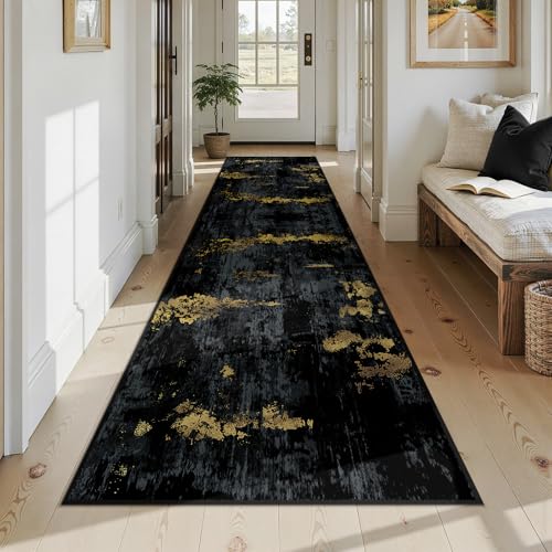 Washable Runner 3'x12' Abstract Area Rug for Hallway Black Gold (Black/Gold / 3' x 12' (Runner))
