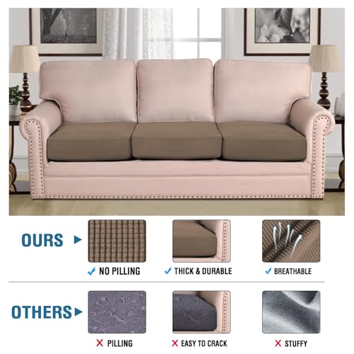 Super Stretch Individual Seat Cushion Covers Sofa Covers Couch Covers Slipcover Sets Thick Jacquard Textured Twill Fabric (Macchiato / 3 Cushion XL Sofa)