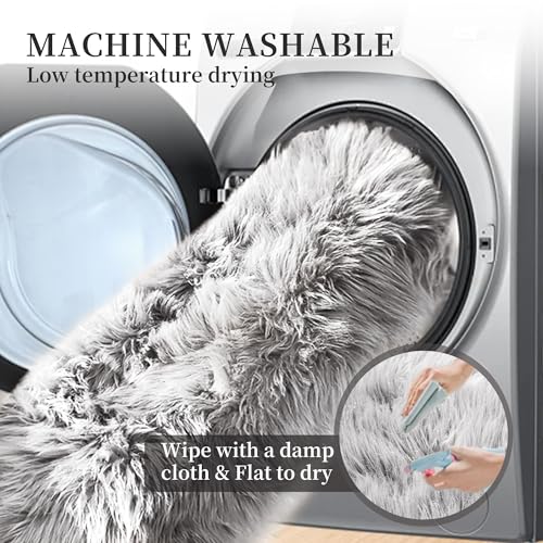 Light Grey Furry Washable Sheepskin Fur Area Rugs for Living Room Faux Fluffy Fur Rug for Bedroom Nursery Rug 4x6 Rectangle Rugs (4' x 6' (Rectangular) / Silver Grey)