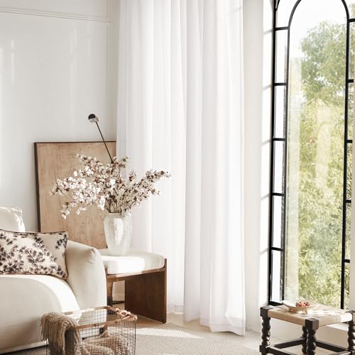White Curtains 105 inches Long 2 Panels Back Tab Light Filtering Cotton Textured Curtain Modern Farmhouse Coastal Decor Off White Linen Drapes 105 inch Length for Patio Sliding Door Office Bedroom (White / 52"W x 105"L (Pack of 2))