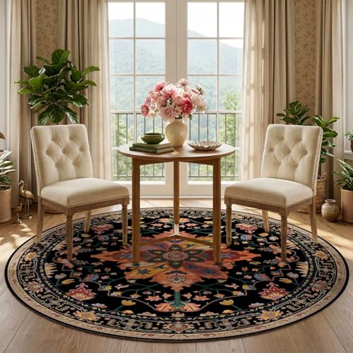 Washable Area Rug (Black/Colorful / 5' (Round))
