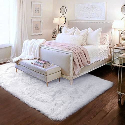White Fuzzy Furry Area Rug 5x7 for Living Room Bedroom Playroom (White / 5' x 7' (Rectangular))