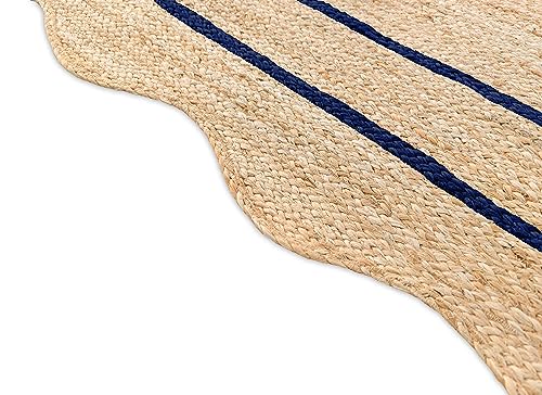 Wave Scalloped Natural Jute Boho Entryway Runner Farmhouse Scallop Rug (Navy / 2'x10' (Runner))