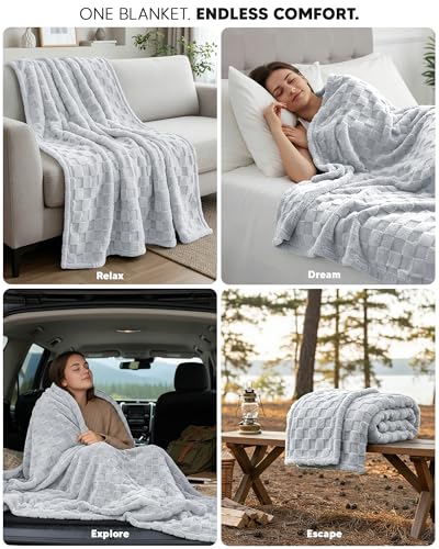 Plush Checkered Fleece Blanket Cool Grey Throw (Cool Grey / Throw)