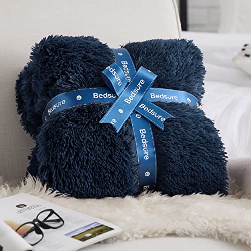 Faux Fur Fluffy Sherpa Fleece Queen Bed Blanket Navy Blue 60"x80" (14- Navy Blue / Queen (90" X 90"))