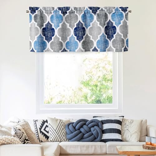 Moroccan Valance Curtains for Kitchen Cafe Blue Grey 52x18 1 Panel (Rod Pocket | Blue and Grey / 50"W x 18"L (Pack of 1))