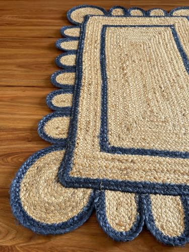 Jute Runner Rug 2x6 Ft with Scalloped Border (Blue / 2' x 6' (Rectangular))