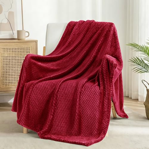 Soft Waffle Fleece Bed Blanket Queen Size (Deep Red / 90x90 in)